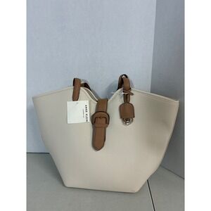 Anne‎ Klein Two Tone Cream Cognac Brown Faux Leather Tote Bag with Pouch NWT